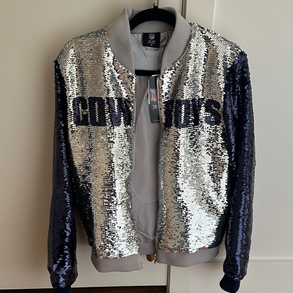 Dallas Cowboys Team Apparel Silver and Blue Sequin Bomber Jacket